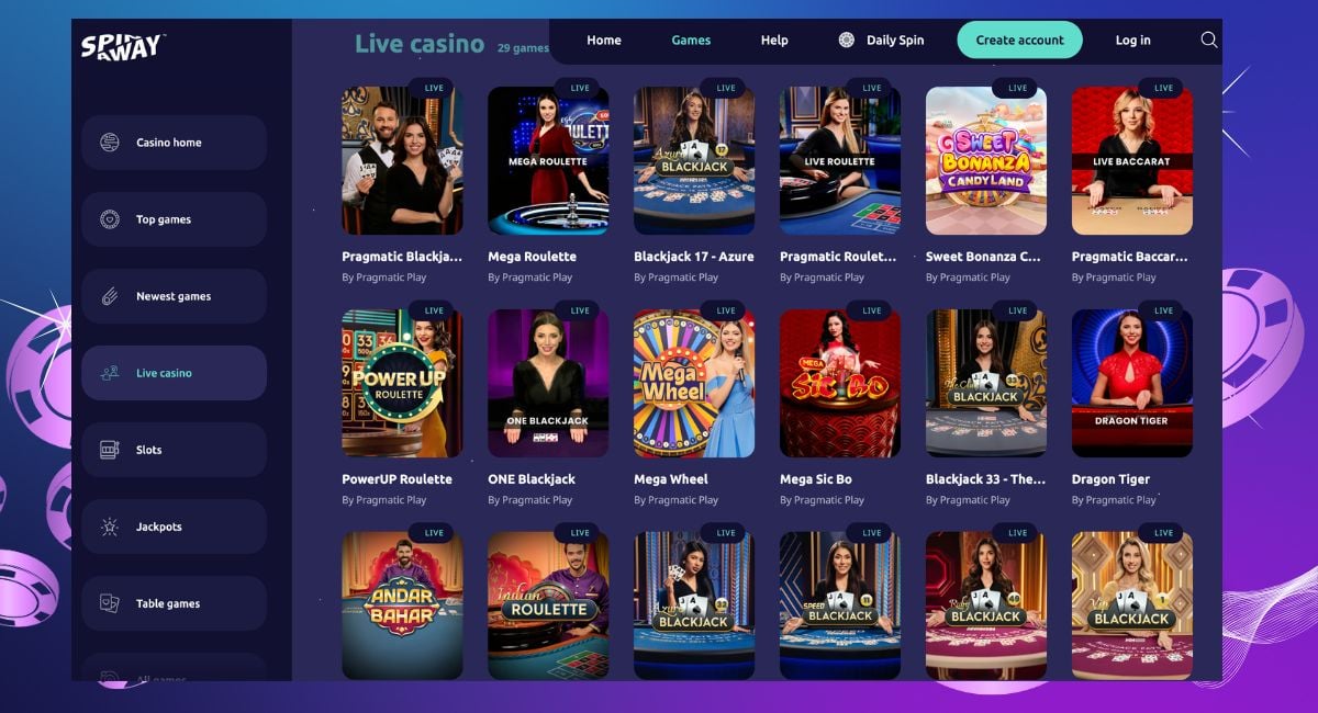 SpinAway live casino lobby