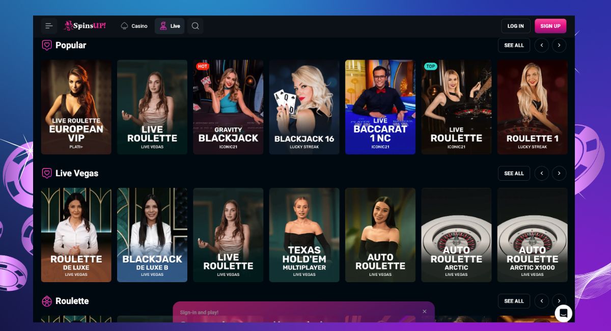 SpinsUp live casino lobby