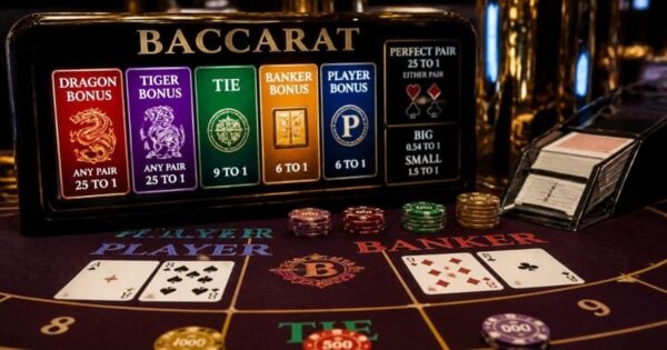 Baccarat side bets shown on a casino table layout