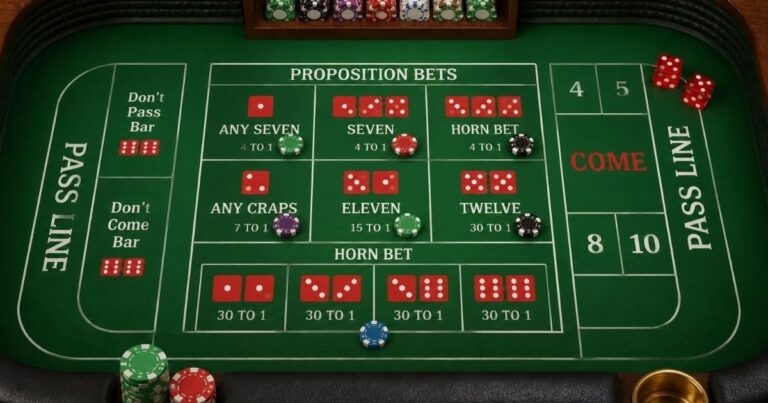 Craps proposition bets in the center of the table layout