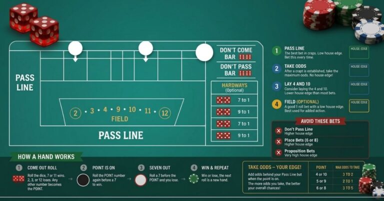 Craps strategy shown with dice on a betting layout