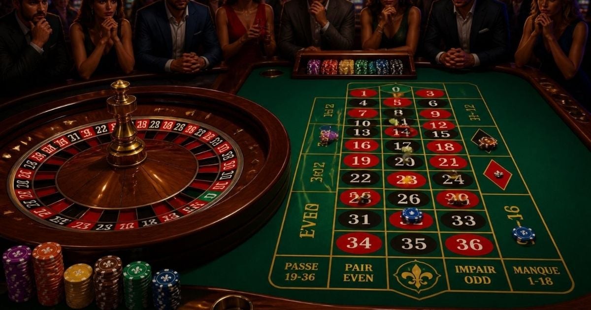 French roulette wheel and table showing the La Partage even-money betting area