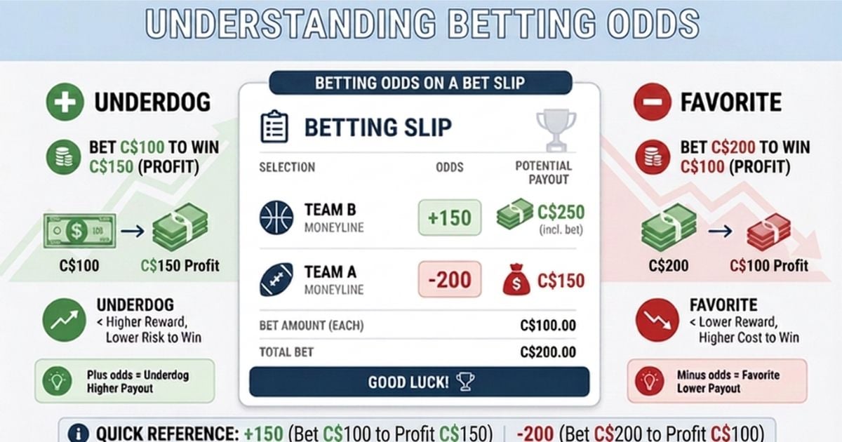 What do the plus and minus signs mean in betting odds shown on a betting slip?