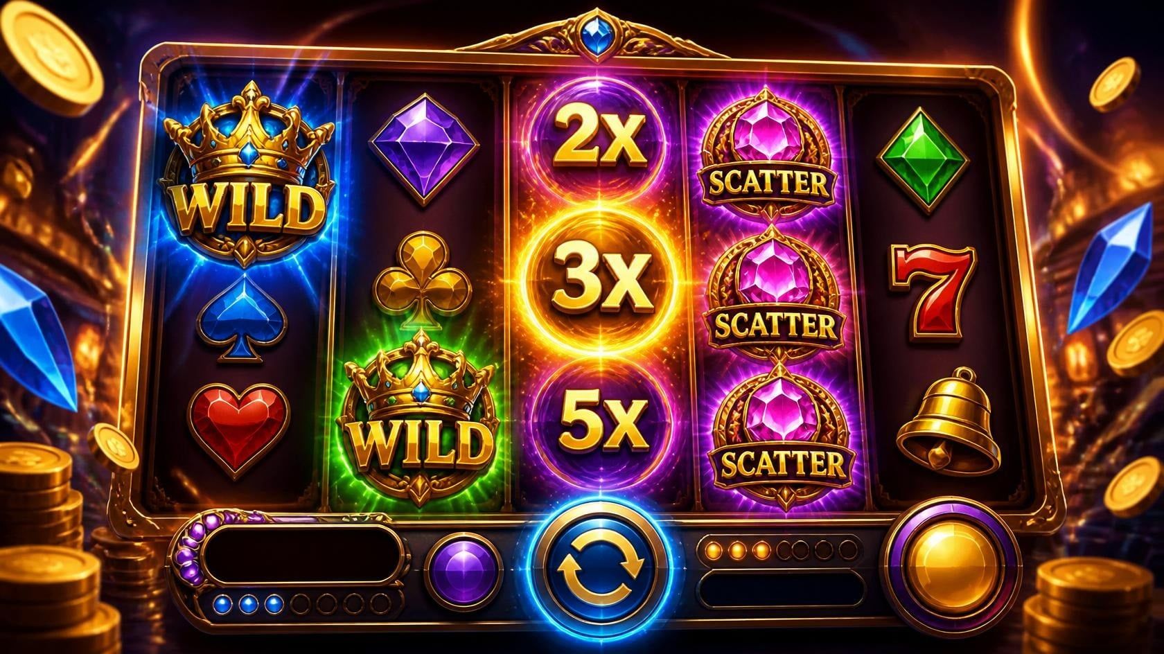 Slot bonus features including wilds, scatters and multipliers on the reels