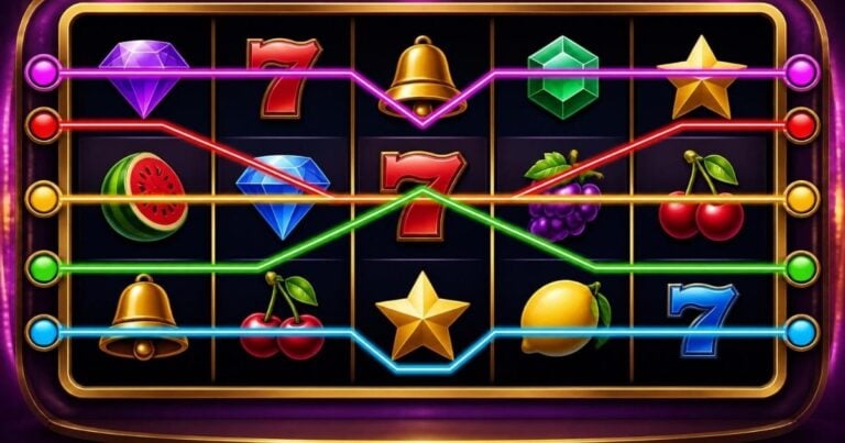 Slot machine paylines shown across a five reel grid