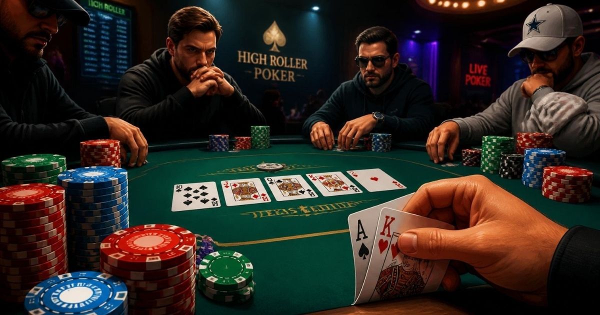 Texas holdem poker table with hole cards and community cards dealt