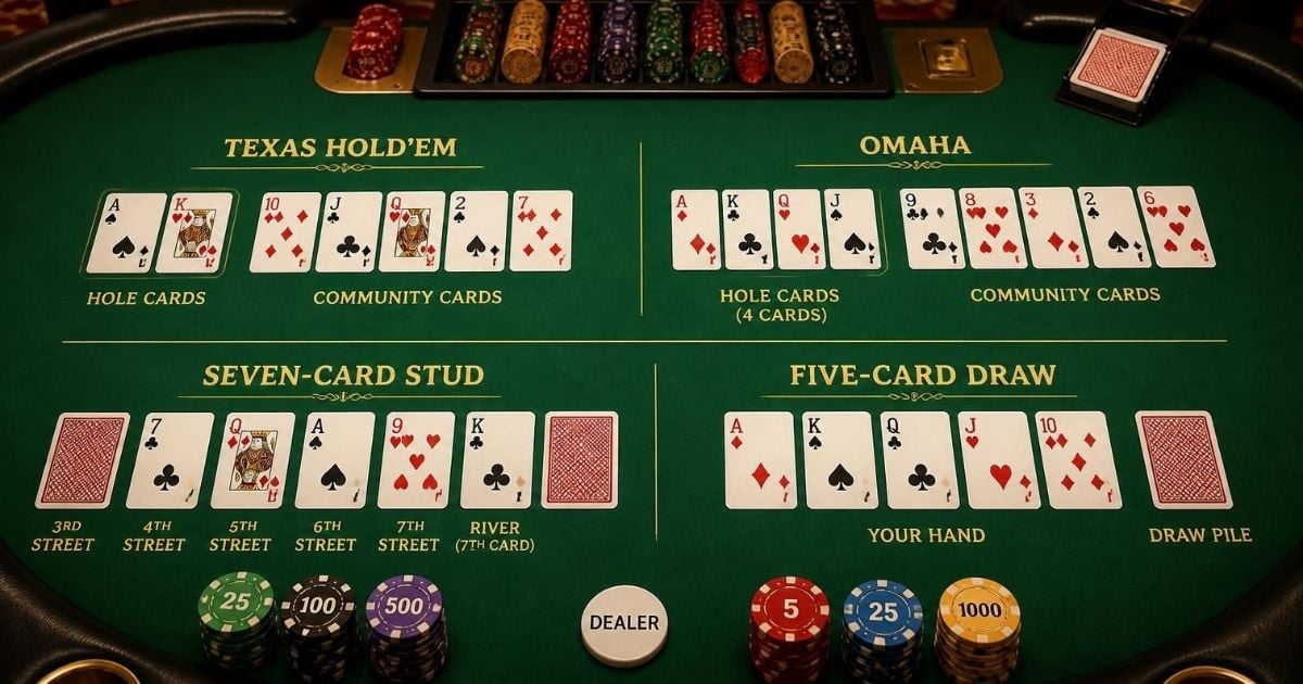 Chart of the different types of poker games and their card layouts