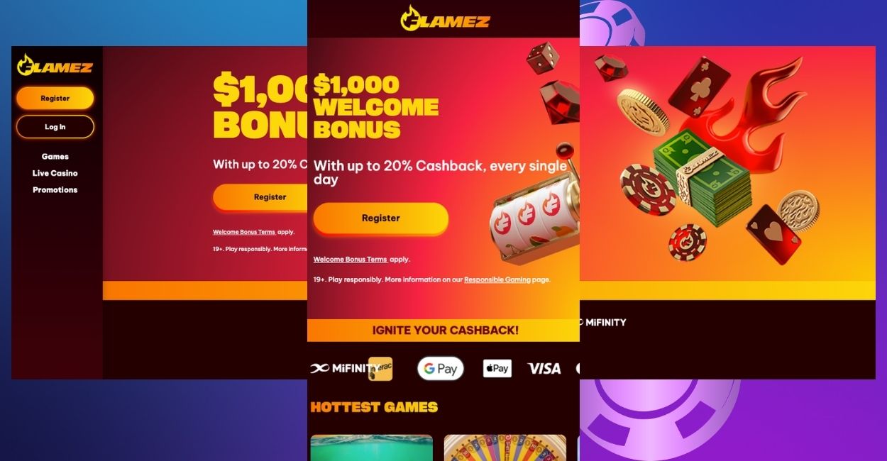 Flamez Casino lobby for Canadian players, showing the welcome offer and daily cashback