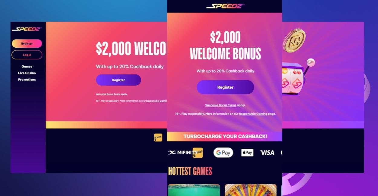Speedz Casino lobby for Canadian players, showing the welcome offer and daily cashback