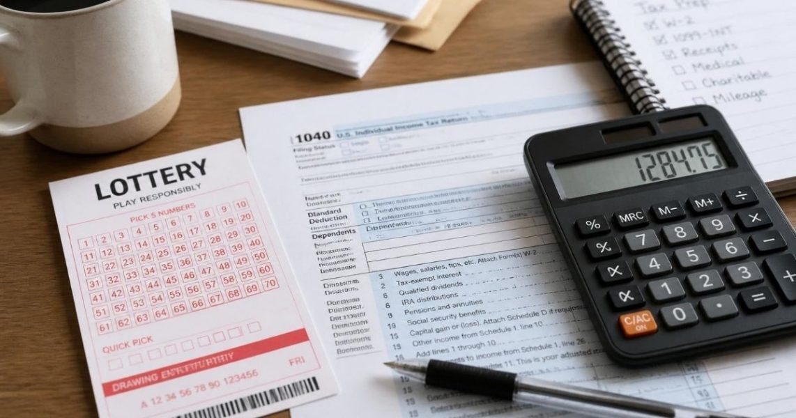 Are lottery winnings taxed in Canada? A lottery ticket beside Canadian tax paperwork.