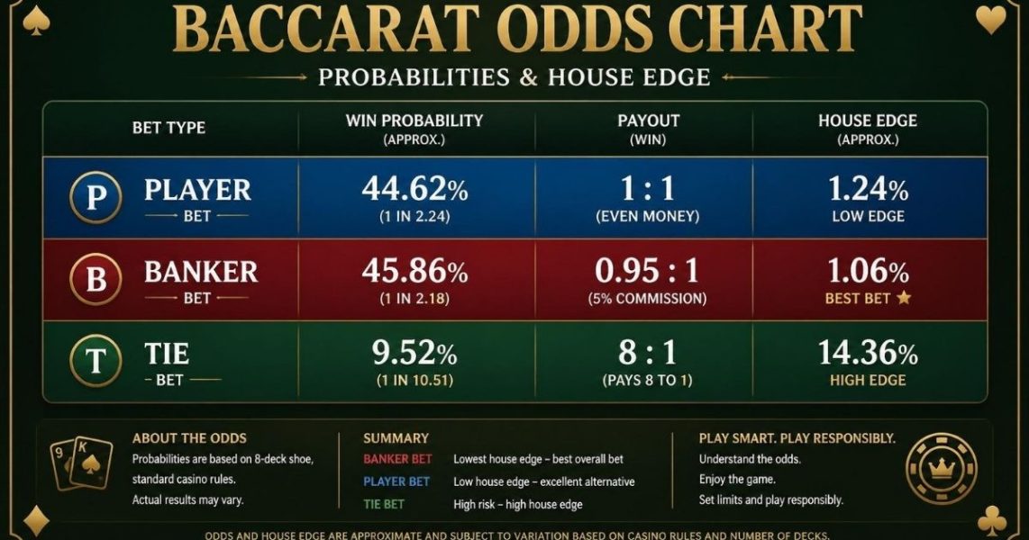 Baccarat odds shown by chips on the banker and player areas of a baccarat table