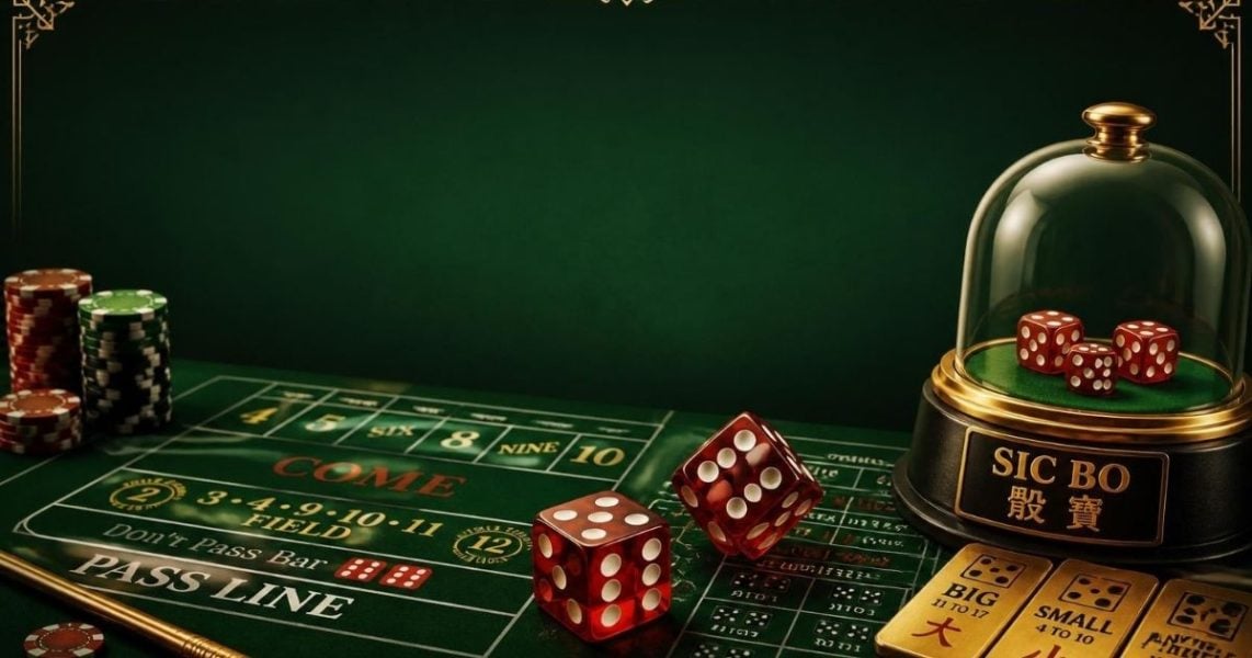 Casino dice games shown with dice on a felt table