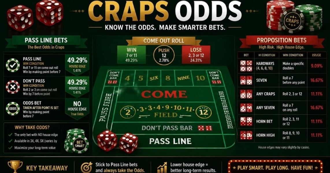 Craps odds and payouts chart beside two dice
