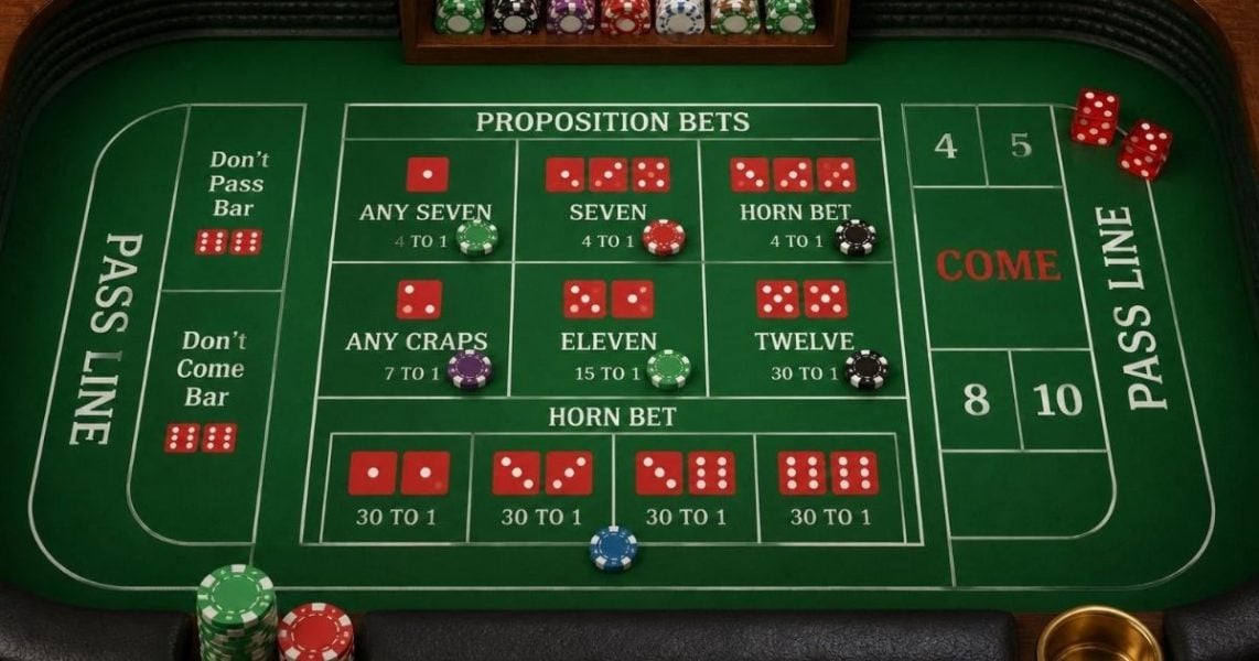 Craps proposition bets in the centre of the table layout