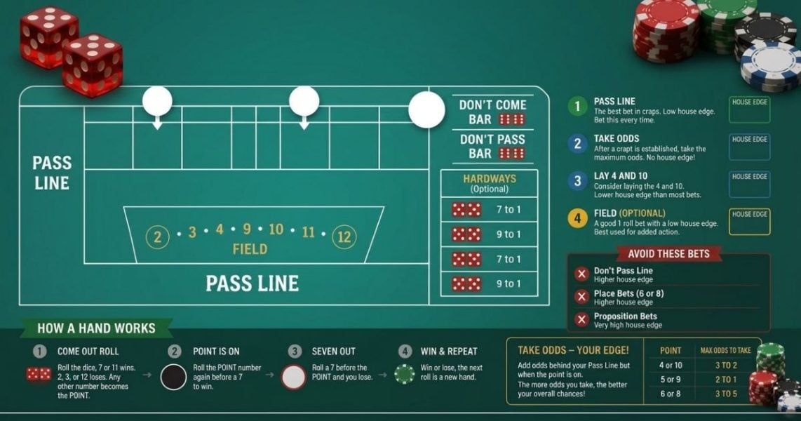 Craps strategy shown with dice on a betting layout