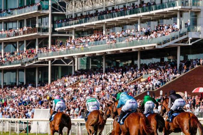 Horses with jockeys running on the turf in front of a large crowd- a metaphor for a guide to horse racing betting