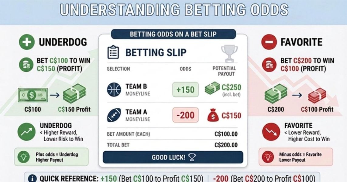 What do the plus and minus signs mean in betting odds shown on a betting slip?