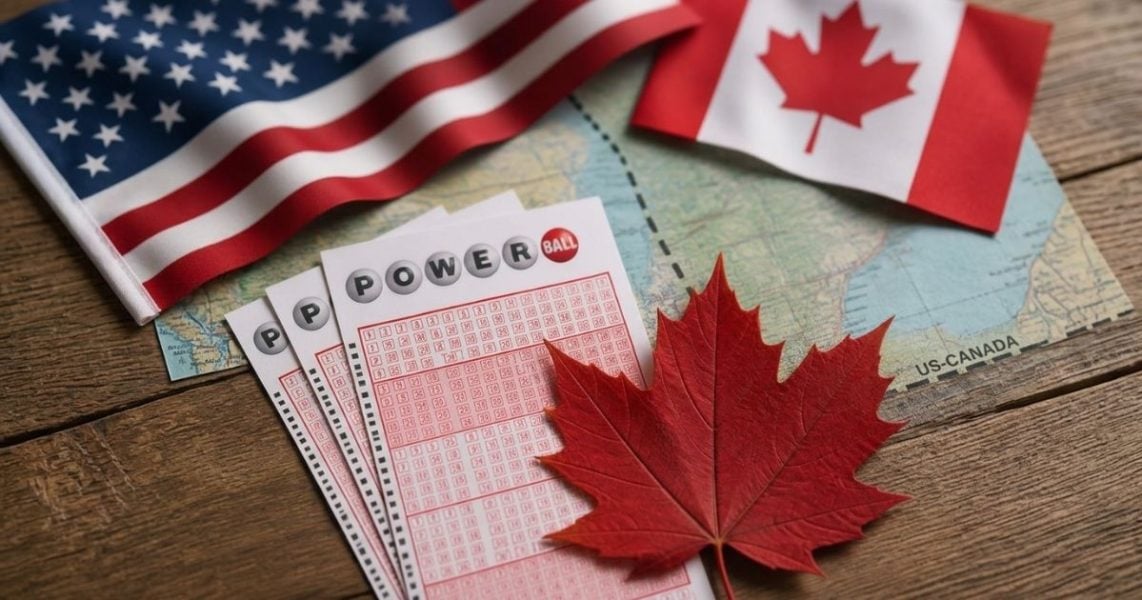Powerball tickets and a Canadian maple leaf, buying US Powerball from Canada.