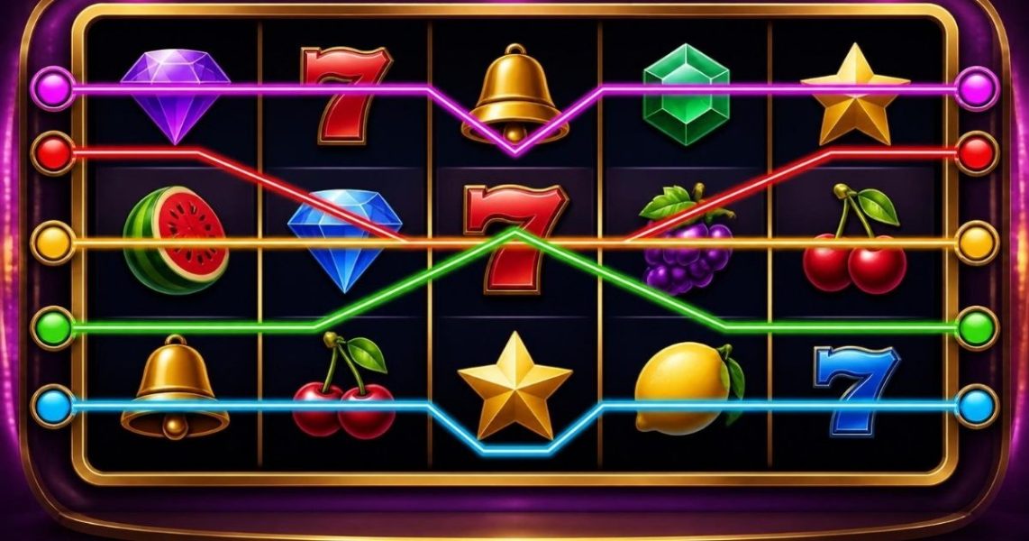Slot machine paylines shown across a five-reel grid.
